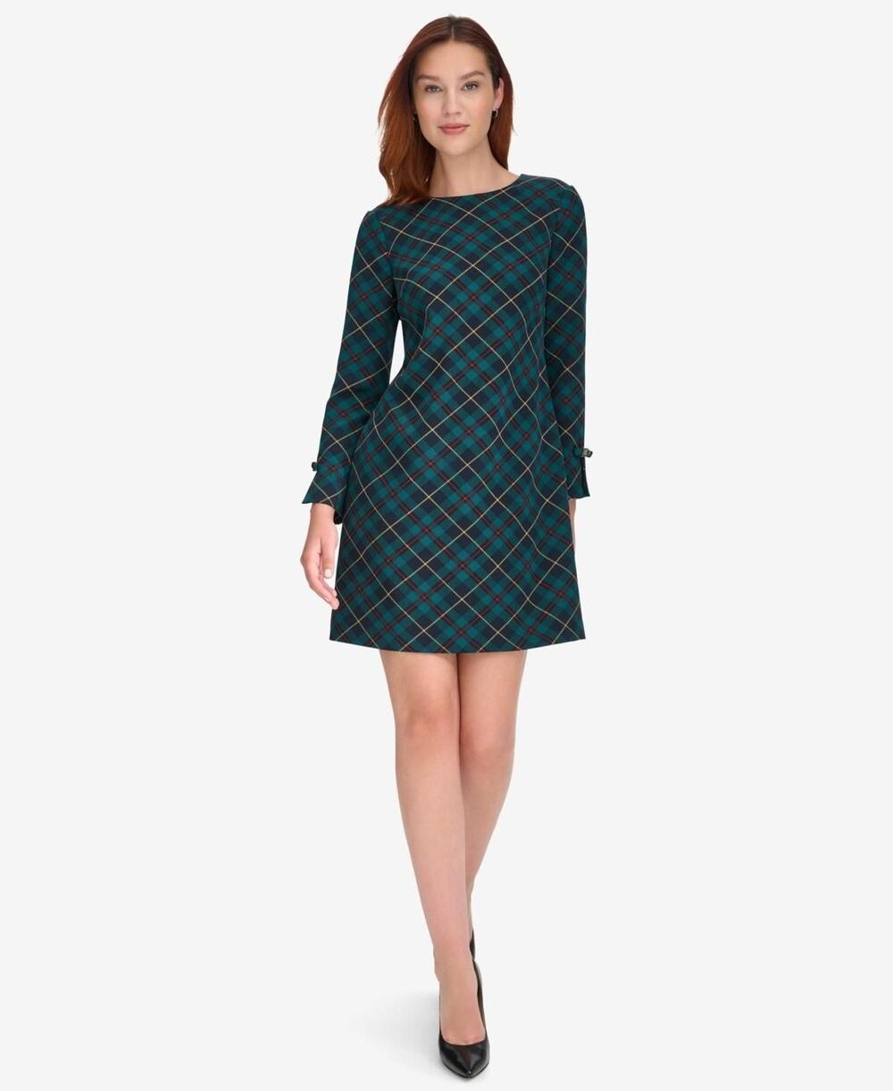 Tommy Hilfiger Petite Plaid Long-Sleeve Bow-Cuff Dress - Cypress Multi